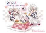  1boy 2021 2girls :d ahoge animal_ears animal_print arms_up bangs basket black_footwear blush boots checkered checkered_background chinese_zodiac collared_shirt commentary_request cow_ears cow_hood cow_horns cow_print cow_tail demon_wings ear_piercing earrings eyebrows_visible_through_hair fake_animal_ears fake_horns fang food fruit grey_hair grey_pants hair_between_eyes hair_ribbon hairband happy_new_year heart heart_tail high_heel_boots high_heels highres holding holding_food hood hood_down hoodie horns horns_pose jewelry kadose_ara kotatsu kuzuha_(nijisanji) long_hair low_ponytail makaino_ririmu mandarin_orange multiple_girls new_year nijisanji open_mouth pants piercing pink_hair pointy_ears ponytail print_hoodie print_shirt print_skirt red_eyes red_footwear red_ribbon red_wings ribbon shiina_yuika shirt skirt slippers smile standing striped striped_legwear table tail thighhighs thighhighs_under_boots twintails twitter_username v-shaped_eyebrows very_long_hair virtual_youtuber white_hairband white_hoodie wings year_of_the_ox 