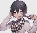  1boy :d alternate_hair_length alternate_hairstyle bangs black_hair checkered checkered_scarf commentary_request danganronpa_(series) danganronpa_v3:_killing_harmony grey_background grey_jacket hair_between_eyes highres holding holding_scissors huyuharu0214 jacket long_sleeves looking_at_viewer lower_teeth male_focus open_mouth ouma_kokichi pink_eyes purple_eyes scarf scissors shiny shiny_hair short_hair signature simple_background smile solo straitjacket upper_body white_background 