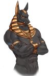  1boy abs animal_ears ankh anubis bara black_skin colored_sclera colored_skin commentary cropped_torso crossed_arms dark_skin dark_skinned_male egyptian_clothes egyptian_mythology fang furry jackal_ears jewelry male_focus muscular mythology navel necklace shirtless simple_background solo symbol_commentary tuxedo_de_cat upper_body usekh_collar white_background yellow_sclera 