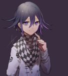  1boy arm_behind_back bangs black_hair checkered checkered_scarf closed_mouth commentary_request danganronpa_(series) danganronpa_v3:_killing_harmony finger_to_own_chin grey_jacket hair_between_eyes highres huyuharu0214 index_finger_raised jacket long_sleeves looking_at_viewer male_focus multicolored_hair ouma_kokichi pink_hair purple_eyes purple_hair scarf short_hair simple_background smile solo two-tone_hair upper_body 
