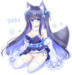  1girl 2021 animal_ear_fluff animal_ears bangs bare_shoulders black_hair black_kimono blue_bow blue_eyes blue_ribbon blush bow breasts cleavage closed_mouth commentary_request detached_sleeves eyebrows_visible_through_hair floral_print fox_ears fox_girl fox_tail frilled_sleeves frills full_body hair_between_eyes hair_bow hair_ribbon japanese_clothes kimono long_hair long_sleeves looking_at_viewer medium_breasts multicolored_hair original panties print_sleeves purple_hair ribbon seiza shikito side-tie_panties simple_background sitting sleeves_past_fingers sleeves_past_wrists smile solo strapless tail thighhighs two-tone_hair two_side_up underwear very_long_hair white_background white_legwear white_panties white_sleeves wide_sleeves 