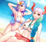  2girls adapted_costume ahoge alternate_costume alternate_hairstyle aqua_hair arms_behind_head beach bikini blue_hair blue_sky braid breasts cleavage commentary curled_horns day earrings food gradient_hair hair_over_shoulder horns jewelry koro7789x large_breasts long_hair looking_at_viewer mask mouth_mask multicolored_hair multiple_girls navel ocean one_eye_closed one_piece oni orange_horns outdoors popsicle purple_hair red_skirt silver_hair single_braid sitting skirt sky swimsuit two-tone_hair ulti_(one_piece) very_long_hair white_bikini yamato_(one_piece) 