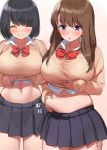  2girls :o arms_under_breasts bangs black_hair black_skirt blue_eyes blush bow bowtie breasts brown_hair closed_eyes collarbone commentary_request cowboy_shot eyebrows_visible_through_hair fang grin kaisen_chuui large_breasts long_hair long_sleeves midriff miniskirt multiple_girls navel open_mouth original panties pleated_skirt plump red_neckwear school_uniform shirt shirt_lift short_hair side-tie_panties simple_background skirt smile stomach sweatdrop translation_request underwear white_background white_shirt 