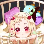  1girl bal_(bal_77) blonde_hair blush child crib eyebrows eyes_visible_through_hair green_hair highres jibaku_shounen_hanako-kun looking_at_viewer looking_up multicolored_hair open_mouth red_eyes shirt stuffed_toy yashiro_nene 