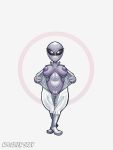  alien alien_humanoid big_breasts bodysuit breasts clothing crossed_legs female fours_(artist) genitals grey_body grey_skin hi_res humanoid looking_at_viewer nipples plump_labia presenting pulling_clothing purple_nipples pussy roswell_grey short_stack skinsuit solid_eyes solo tight_clothing undressing 