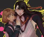  2girls backpack bag bangs black_gloves black_hair black_jacket black_legwear black_ribbon blush braid brown_eyes brown_hair carrying collared_shirt commentary cosplay danganronpa:_trigger_happy_havoc danganronpa_(series) earrings english_commentary gloves green_eyes hair_ribbon hand_up holding hood hood_down impossible_clothes impossible_skirt jacket jewelry kirigiri_kyouko kirigiri_kyouko_(cosplay) long_hair long_sleeves looking_at_viewer miho_(sleepymocha) mole mole_under_eye mole_under_mouth multiple_girls nanami_chiaki nanami_chiaki_(cosplay) neck_ribbon necktie original pink_ribbon princess_carry ribbon shay_(sleepymocha) shirt short_hair side_braid skirt sleepymocha symbol_commentary thighhighs upper_body white_shirt 