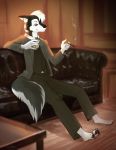  anthro black_body black_fur button_(disambiguation) canid canine canis cigarette clothing digital_media_(artwork) digital_painting_(artwork) dr._heros_sooniecher_(character) enayaray feet fur furniture glass hair hi_res leather long_hair male mammal multicolored_body multicolored_fur ponytail red_eyes scotch_(drink) smoking sobranie_(brand) sofa solo suit table two_tone_body two_tone_fur white_body white_fur wolf wood 