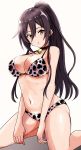  1girl animal_print bangs bare_shoulders bell bell_choker bikini black_hair blush breasts brown_eyes choker cleavage collarbone cow_print hair_between_eyes high_ponytail highres idolmaster idolmaster_shiny_colors keikesu kneeling large_breasts long_hair looking_at_viewer navel open_mouth ponytail shirase_sakuya swimsuit thighs white_bikini 