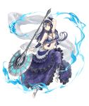  1girl barefoot blue_eyes dark_blue_hair frilled_skirt frills full_body hair_between_eyes jewelry kaguya_hime_(sinoalice) long_hair looking_at_viewer mace midriff official_art plantar_flexion shawl sinoalice skirt smile solo transparent_background weapon 