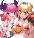  2girls ahoge armor bangs bare_shoulders bikini bikini_armor blonde_hair blue_eyes blush braid breasts cape cleavage collarbone curled_horns elizabeth_bathory_(brave)_(fate) elizabeth_bathory_(fate)_(all) fate/extra fate/grand_order fate_(series) french_braid green_eyes hair_between_eyes hair_bun hair_intakes hair_ribbon halloween_bucket highres horns large_breasts long_hair looking_at_viewer multiple_girls nero_claudius_(fate) nero_claudius_(fate)_(all) open_mouth pauldrons pink_hair pointy_ears red_bikini ribbon shoulder_armor silver_trim small_breasts smile swimsuit sword thighs tiara two_side_up vambraces weapon white_cape yayoi_maka 