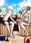  1girl 2boys ahoge ball bangs bare_arms bare_shoulders barefoot beach beachball bikini blue_sky bowl breasts brown_hair bucket cleavage closed_eyes cloud collarbone commentary cup danganronpa_(series) danganronpa_2:_goodbye_despair day drinking_glass english_commentary food frills fruit grey_hair grin hair_ornament hairclip highres hinata_hajime holding ice_cream komaeda_nagito kurokku-tokei large_breasts male_swimwear mole mole_on_breast multiple_boys nanami_chiaki navel official_style open_mouth outdoors palm_tree popsicle saliva sand shirtless short_hair short_ponytail sitting sky sleeping smile spoon stomach strawberry swimsuit swimwear tree upper_teeth usami_(danganronpa) 