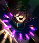  1boy :d artist_name bangs black_cape black_headwear bullet cape checkered checkered_scarf commentary_request danganronpa_(series) danganronpa_v3:_killing_harmony evil_grin evil_smile fangs flipped_hair floating_cape glowing glowing_eye grin hat looking_at_viewer male_focus nagi_to_(kennkenn) open_hand open_mouth ouma_kokichi peaked_cap purple_eyes purple_hair scarf short_hair smile solo teeth tongue upper_body 