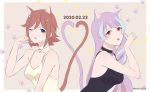  2girls animal_ear_fluff animal_ears artist_name bangs black_choker black_eyes blue_hair breasts cat_ears cat_tail choker cleavage dated heart heart_tail highres kaname_buccaneer kemonomimi_mode looking_at_viewer macross macross_delta mikumo_guynemer multicolored_hair multiple_girls one_eye_closed paw_pose paw_print qualle red_eyes streaked_hair tail tank_top tongue tongue_out yellow_choker 