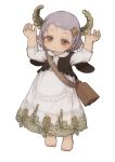  1girl 2021 absurdres bag barefoot bell child closed_mouth commentary_request dress ear_tag feral_lemma full_body hands_up highres horns looking_at_viewer original purple_hair red_eyes short_hair simple_background smile solo toes white_background white_dress 