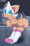  anthro belly bent_over big_breasts breasts butt chiropteran city female foxball hair hi_res looking_at_viewer lying mammal nude on_side outside rouge_the_bat smile solo sonic_the_hedgehog_(series) touching_chest 