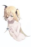  1girl bangs blonde_hair blush breasts censored collarbone commentary cropped_torso eyepatch fischl_(genshin_impact) genshin_impact green_eyes hair_over_one_eye hair_ribbon hand_on_own_chest hand_up highres litra_(ltr0312) long_hair looking_at_viewer navel nipple_censor nude open_mouth ribbon simple_background solo two_side_up upper_body white_background 