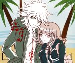  1boy 1girl backpack bag bangs beach black_jacket brown_hair coat collarbone commentary danganronpa_(series) danganronpa_2:_goodbye_despair dress_shirt english_commentary eyebrows_visible_through_hair flipped_hair green_coat hair_ornament hairclip hand_in_pocket hand_up hood hood_down jacket komaeda_nagito kurokku-tokei long_sleeves looking_at_viewer medium_hair nanami_chiaki neck_ribbon ocean official_style pale_skin palm_tree pink_bag print_shirt ribbon shirt sketch sleeves_past_wrists smile spaceship_hair_ornament tree upper_body white_shirt 