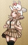  1girl :o animal_ears backpack bag bangs black_legwear blunt_bangs breasts brown_background brown_eyes brown_hair brown_skirt bunny_ears commentary commission cowboy_shot danganronpa_(series) danganronpa_2:_goodbye_despair dress_shirt ear_ribbon flipped_hair frilled_skirt frills hair_ornament hairclip highres kurokku-tokei large_breasts layered_skirt light_brown_hair looking_up nanami_chiaki neck_ribbon open_mouth pink_eyes pink_ribbon pleated_skirt ribbon school_uniform shirt short_sleeves skirt standing thighhighs upper_teeth usami_(danganronpa) white_shirt wings zettai_ryouiki 