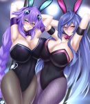  2girls alternate_breast_size animal_ears armband bare_shoulders blue_hair blush braid breasts bunny_ears cleavage covered_navel fishnet_legwear fishnets highres huge_breasts iris_heart large_breasts leotard long_hair looking_at_viewer multiple_girls neptune_(series) pantyhose playboy_bunny power_symbol presenting_armpit purple_hair purple_heart red_eyes seshiro_(which501) smile symbol-shaped_pupils twin_braids very_long_hair 