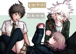  1girl 2boys ? ahoge alternate_costume bangs black_jacket black_pants blunt_bangs breast_pocket brown_hair brown_skirt coat collarbone collared_shirt commentary danganronpa_(series) danganronpa_2:_goodbye_despair english_commentary eyebrows_visible_through_hair feet_out_of_frame green_coat green_neckwear hair_ornament handheld_game_console hinata_hajime holding hooded_coat jacket komaeda_nagito kurokku-tokei long_sleeves looking_up multiple_boys nanami_chiaki necktie official_style open_mouth pants pleated_skirt pocket shirt short_hair short_sleeves skirt spaceship_hair_ornament speech_bubble spoken_question_mark thighhighs upper_teeth 