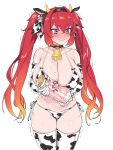  1girl animal_ears animal_print bangs bare_shoulders bell bell_collar bikini blush breasts cain_(gunnermul) collar covered_nipples cow_ears cow_horns cow_print elbow_gloves eyebrows_visible_through_hair fake_animal_ears gloves groin highres horns jar large_breasts last_origin may_of_doom mole mole_on_breast navel purple_eyes red_hair solo swimsuit tears thighhighs trembling twintails 