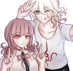  1girl alternate_hairstyle bangs blunt_bangs breasts collarbone collared_shirt commentary danganronpa_(series) danganronpa_2:_goodbye_despair doodle double_v dress_shirt eyebrows_visible_through_hair hair_between_eyes hands_up komaeda_nagito ktokei_(kurokku-tokei) light_brown_hair looking_at_viewer nanami_chiaki neck_ribbon one_eye_closed pink_eyes pink_ribbon print_shirt reaching_out ribbon self_shot shirt short_sleeves simple_background smile t-shirt tongue tongue_out two-tone_shirt v w white_background 