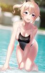 1girl :d arm_support bangs bare_shoulders black_bow blonde_hair blue_eyes blurry blurry_background blush bow breasts cleavage collarbone commentary_request eyebrows_visible_through_hair genshin_impact hair_between_eyes hair_bow high_ponytail highres jean_gunnhildr large_breasts one-piece_swimsuit open_mouth partially_submerged ponytail pool shirosaba sidelocks smile swimsuit water wet 