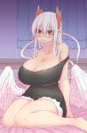  1girl absurdres bed black_shorts black_tank_top breasts cleavage curtains demon_girl demon_horns denim denim_shorts feathered_wings highres horns huge_breasts juugoya_(zyugoya) long_hair lorem_(mazohaha) musuko_ga_kawaikute_shikatanai_mazoku_no_hahaoya on_bed pointy_ears red_eyes red_horns shorts sitting sitting_on_bed tail tank_top white_hair white_tail white_wings wings 