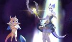  2020 absurd_res amy_jenssen anthro artist astral bottomwear clothed clothing detailed_background digital_drawing_(artwork) digital_media_(artwork) dragon duo female fur furred_dragon grumpy hi_res horn kobold league_of_legends male mammal pose reptile riot_games scalie skirt slim soraka staff stellar video_games 