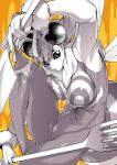  1girl antennae armpits bee_girl bodysuit breasts foot_out_of_frame fork greyscale highres insect_girl insect_wings knee_up large_breasts monochrome outline oversized_object q-bee sleeveless solo stinger takatsuki_ichi vampire_(game) white_outline wings yellow_background 