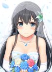  1girl absurdres ahoge bangs bare_shoulders black_hair blue_eyes bouquet breasts bridal_gauntlets bridal_veil bride cleavage closed_mouth collarbone commentary_request dress eyebrows_visible_through_hair flower gem hair_flower hair_ornament highres holding inanaki_shiki jewelry long_hair looking_at_viewer necklace pearl_necklace petals sidelocks small_breasts smile solo veil wedding wedding_dress white_dress yahari_ore_no_seishun_lovecome_wa_machigatteiru. yukinoshita_yukino 