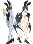  2girls absurdres animal_ears asimatosinosin bare_legs bare_shoulders black_bow black_footwear black_hair black_leotard black_neckwear blue_skin bow bowtie bunny_ears bunny_tail colored_skin detached_collar fake_animal_ears fake_tail filia_(skullgirls) full_body hair_over_one_eye high_heels highleg highleg_leotard highres leotard leviathan_(skullgirls) long_hair multiple_girls outline playboy_bunny red_eyes short_hair simple_background skeletal_arm skeletal_hand skullgirls squigly_(skullgirls) standing strapless strapless_leotard tail very_long_hair white_background white_outline wrist_cuffs 