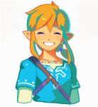  1boy bangs blonde_hair blue_shirt closed_eyes denaseey link long_hair long_sleeves parted_lips pointy_ears ponytail shirt short_over_long_sleeves short_sleeves simple_background smile solo the_legend_of_zelda the_legend_of_zelda:_breath_of_the_wild upper_body white_background 