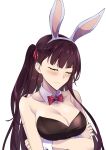  1girl animal_ears bare_shoulders blush bow bowtie braid breasts bunny_ears cleavage closed_eyes closed_mouth collarbone crossed_arms eyebrows_visible_through_hair french_braid girls_frontline hair_ribbon highres long_hair medium_breasts pink_neckwear playboy_bunny purple_hair ribbon solo suprii wa2000_(girls_frontline) white_background 