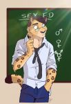  absurd_res amur_leopard ango76 anthro billboard clothed clothing cole_(cole_rs) education eyewear felid feline fur glasses hair hi_res leopard looking_away male mammal necktie pantherine sex_education shirt solo spots spotted_body spotted_fur standing teacher topwear 