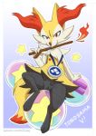  2016 anthro black_body black_fur braixen canid conditional_dnp crotch_tuft female flat_chested front_view fur genitals inner_ear_fluff looking_at_viewer loupgarou mammal nintendo nipples pok&eacute;mon pok&eacute;mon_(species) presenting presenting_pussy pussy reclining solo stick text tuft uncensored video_games white_body white_fur 
