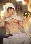  1boy abs areolae bangs bare_pecs black_hair blurry blurry_background blurry_foreground brown_hair cloak closed_mouth cloud cloudy_sky eyebrows_visible_through_hair genshin_impact hair_between_eyes hand_on_own_chin holding hood hood_up hooded_cloak male_focus midriff multicolored_hair navel nipples owowow0 short_hair sitting sky solo throne toned toned_male white_cloak yellow_eyes zhongli_(genshin_impact) 