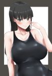  1girl absurdres amagami ayatsuji_tsukasa bangs bare_shoulders black_eyes black_hair black_swimsuit blush breasts highres long_hair looking_at_viewer megao_3rd one-piece_swimsuit solo swimsuit 