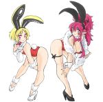  2girls absurdres animal_ears asimatosinosin bare_legs black_footwear blonde_hair bow bowtie breasts bunny_ears bunny_tail detached_collar disgaea fake_animal_ears fake_tail feather_boa hair_ornament high_heels highres large_breasts leaning_forward leotard long_hair looking_at_viewer makai_senki_disgaea_5 multiple_girls pink_bow pink_eyes pink_hair pink_neckwear playboy_bunny pointy_ears ponytail red_leotard seraphina_(disgaea) short_hair simple_background small_breasts smile strapless strapless_leotard tail usalia_(disgaea) white_background white_footwear wrist_cuffs x_hair_ornament 