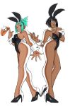  2girls absurdres alternate_costume animal_ears aqua_eyes aqua_hair aqua_lipstick asimatosinosin bare_legs black_eyes black_footwear black_hair black_hairband black_leotard bow bowtie breasts bunny_ears bunny_tail cerebella_(skullgirls) character_request check_character dark_skin dark_skinned_female detached_collar eliza_(skullgirls) fake_animal_ears fake_tail hairband hand_up hat high_heels highleg highleg_leotard highres holding holding_clothes holding_hat leotard lipstick long_hair makeup medium_breasts multiple_girls orange_bow orange_neckwear playboy_bunny short_hair simple_background skullgirls strapless strapless_leotard tail white_background wrist_cuffs yellow_bow yellow_neckwear 