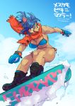  2020 anthro bikini bikini_top blue_hair boots brown_body brown_fur canid clothing day female footwear fur gloves green_eyes hair handwear mammal open_mouth outside scarf smile snow snowboard snowboarding swimwear teteteko 