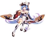  1girl animal_costume animal_ears animal_print blue_hair blush breasts cow_costume cow_ears cow_girl cow_hood cow_horns cow_print cow_tail draph ear_piercing eyebrows_visible_through_hair granblue_fantasy highres horns large_breasts looking_at_viewer micro_shorts open_mouth piercing print_legwear red_eyes ribbon sandals sharlorc shatola_(granblue_fantasy) sheer_clothes shorts sitting solo tail tail_ornament tail_ribbon thick_eyebrows thighhighs white_legwear white_shorts wide_sleeves 