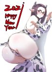  2021 animal_humanoid animal_print armwear bovid bovid_humanoid bovine bovine_humanoid bow_(artist) breasts cattle_humanoid clothed clothing cow_print elbow_gloves eyewear female glasses gloves handwear holidays horn humanoid legwear leotard mammal mammal_humanoid new_year solo thigh_highs 