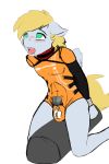  anthro armbinder blonde_hair blush bodily_fluids bound clothing collar cutting_chipset d-lowell equid equine fan_character green_eyes hair hasbro hi_res kneeling lock_symbol male mammal my_little_pony no_pupils null null_bulge open_mouth orgasm_denial padlock_symbol pegasus prison_uniform prisoner rubber saliva sex_toy simple_background skinsuit solo sybian tight_clothing vibrator white_background wings 