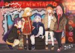  2021 5girls adapted_costume alternate_costume backwards_hat baseball_cap beanie bespectacled blonde_hair bloop_(gawr_gura) bubba_(watson_amelia) copyright_name death-sensei_(mori_calliope) dress gawr_gura glasses graffiti grey_hair halo hands_in_pockets happy_new_year hat holding_skateboard hololive hololive_english hood hooded_jacket jacket letterman_jacket long_hair mole mole_under_eye mori_calliope multicolored_hair multiple_girls new_year ninomae_ina&#039;nis pants pink-tinted_eyewear pink_hair purple_eyes purple_hair shoes shorts skateboard sneakers squatting streaked_hair sunglasses sweater sweater_dress takanashi_kiara tako_(ninomae_ina&#039;nis) taneda_yuuta tire turtleneck turtleneck_sweater very_long_hair watson_amelia 