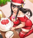  1girl :d ass bare_shoulders black_hair blue_eyes blush box bracelet breasts capelet christmas christmas_cake cleavage commentary cup drinking_glass fork gift gift_box hair_between_eyes hat jewelry kneeling long_hair looking_at_viewer open_mouth original pepe_(jonasan) plant plate potted_plant red_legwear santa_hat smile solo thighhighs 