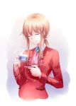  androgynous blonde_hair blue_brooch brooch closed_eyes collared_shirt cup eyebrows_visible_through_hair highres holding holding_cup holding_plate jacket jewelry long_sleeves lutecia_syndrome plate ponytail red_jacket shirt simple_background sleeve_cuffs smile solo steam suit_jacket teacup umineko_no_naku_koro_ni ushiromiya_lion white_shirt 