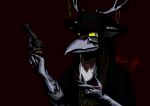  absurd_res anthro antlers avian bajer_(jurij_bajer) beak bird clothed clothing corvid gun hair handgun hat headgear headwear hi_res holarctic_magpie horn hybrid jurij_bajer long_hair magpie_(corvid) magpie_(disambiguation) male oscine passerine pendant ranged_weapon revolver simple_background solo weapon wounded yellow_sclera 
