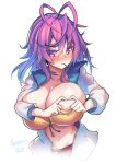  1girl 2020 antenna_hair artist_name blush breasts cleavage commentary_request dated heart heart_hands huge_breasts jacket long_hair original purple_eyes purple_hair signature simple_background solo white_background zerion 