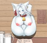  2020 angry anthro anus bell bell_collar big_breasts black_nose blue_eyes blush breasts canid clenched_teeth collar corin cowbell english_text female fur genitals hair hi_res looking_at_viewer mammal milk nipples pussy solo teeth text through_wall wall_(structure) white_body white_fur white_hair wood_wall 
